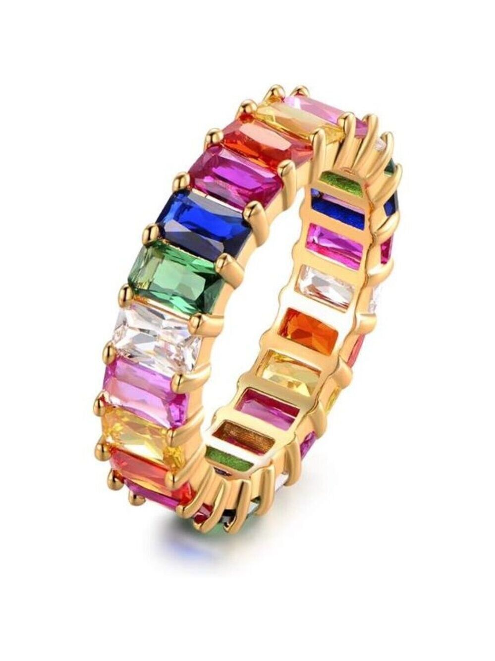Rainbow eternity ring for women 18K gold plated multicolor gemstone wedding band